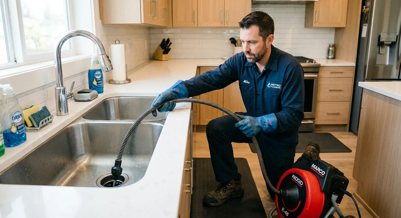 Drain cleaning technician using a motorized snake on a kitchen sink in Boca Raton