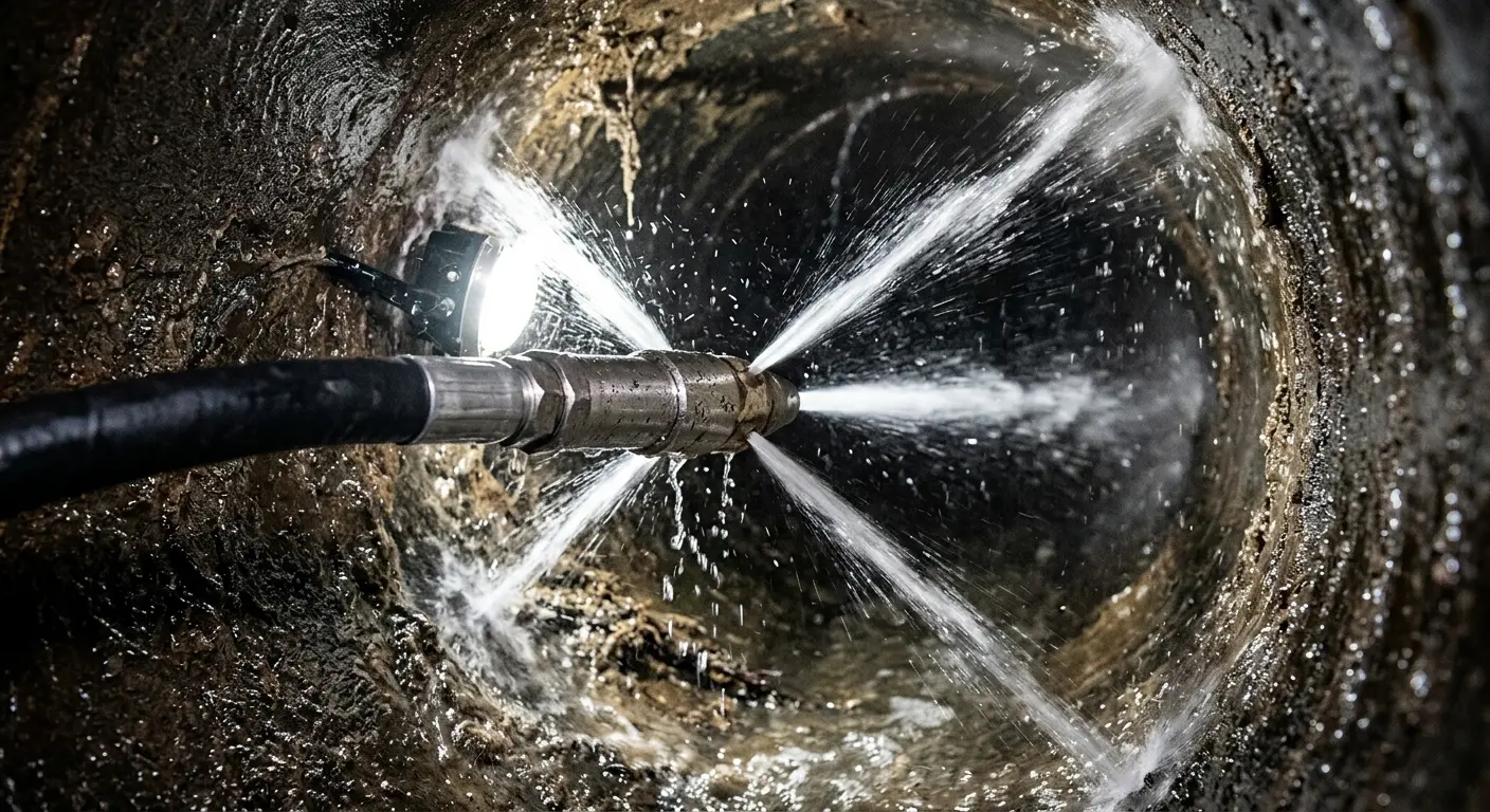 High-pressure hydro jetting nozzle cleaning sewer pipe for Trenchless Sewer Repair in Boca Raton