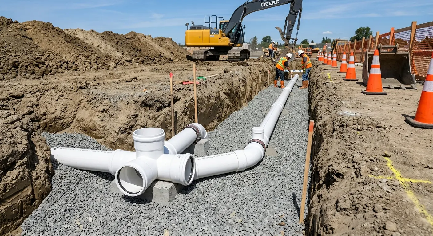 New PVC sewer pipe installation in open trench for Sewer Backup in Boca Raton