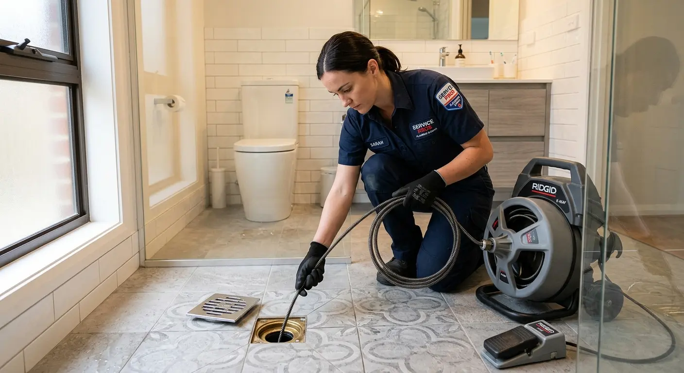 Technician clearing a bathroom floor drain for Sewer Line Replacement in Boca Raton